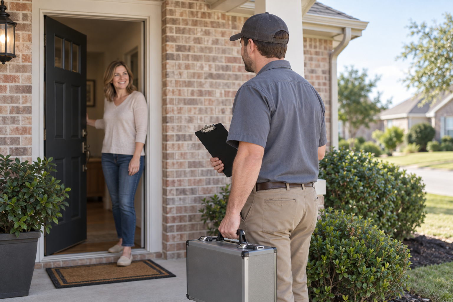 Mold testing technician arriving at the front door of a brick Allen home with a sampling case