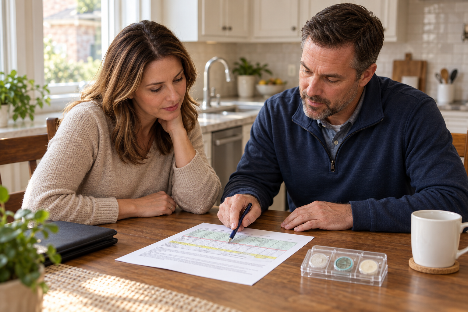Technician going through a printed mold lab report with a homeowner at a kitchen table