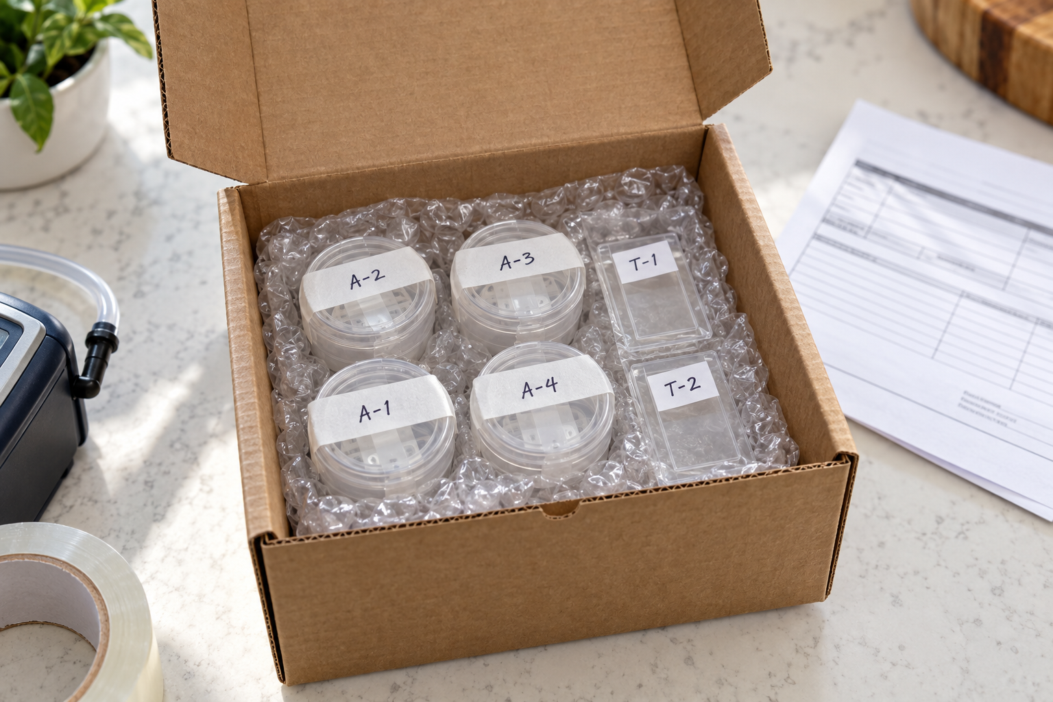 Sealed and labeled air sampling cassettes packed in a shipping box for the lab