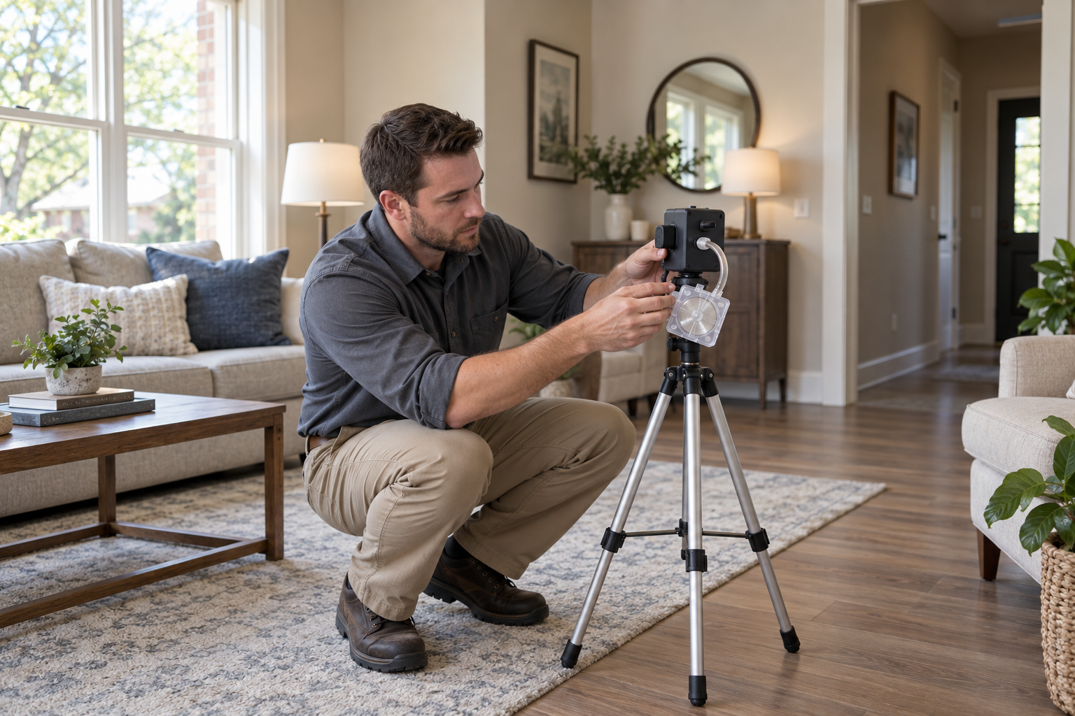 Technician setting a spore-trap air sampling cassette on a pump stand in the living room of an Allen home