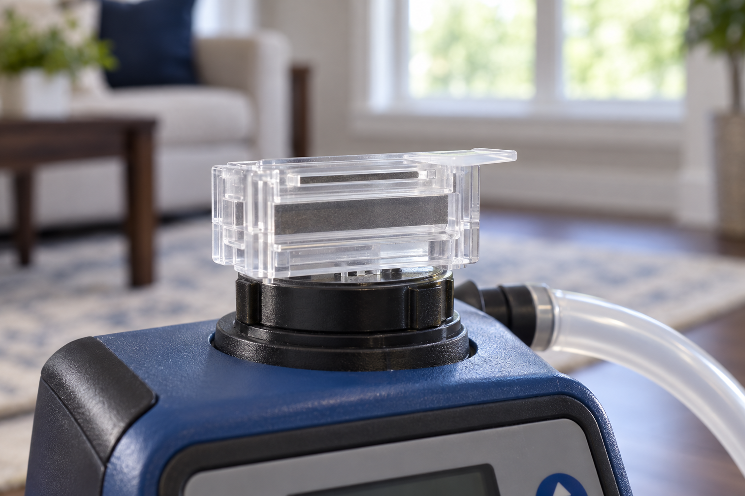 Close-up of an Air-O-Cell spore-trap cassette on an air sampling pump during a mold test