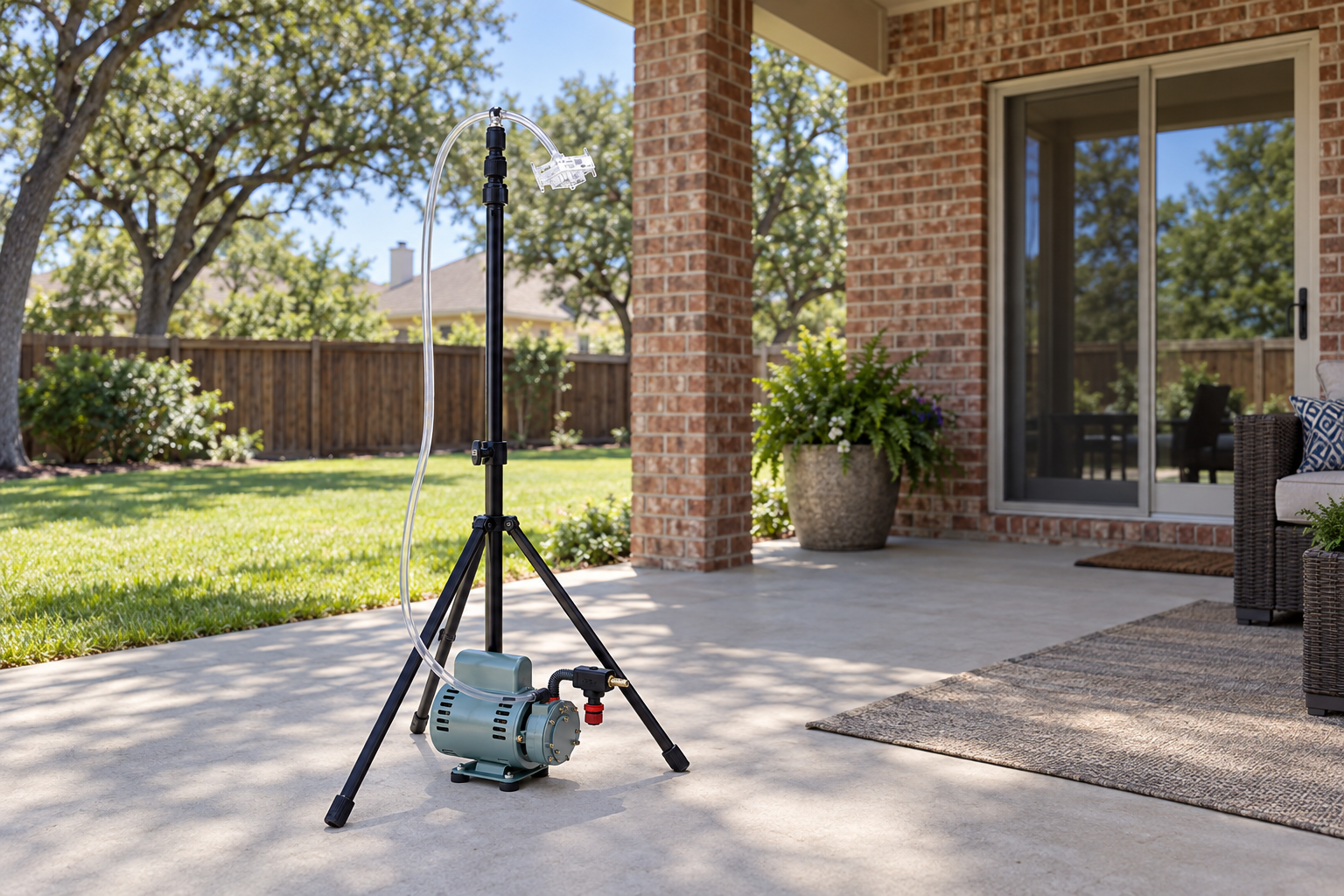 Outdoor control air sample running on a pump stand on the back patio of a brick Allen home