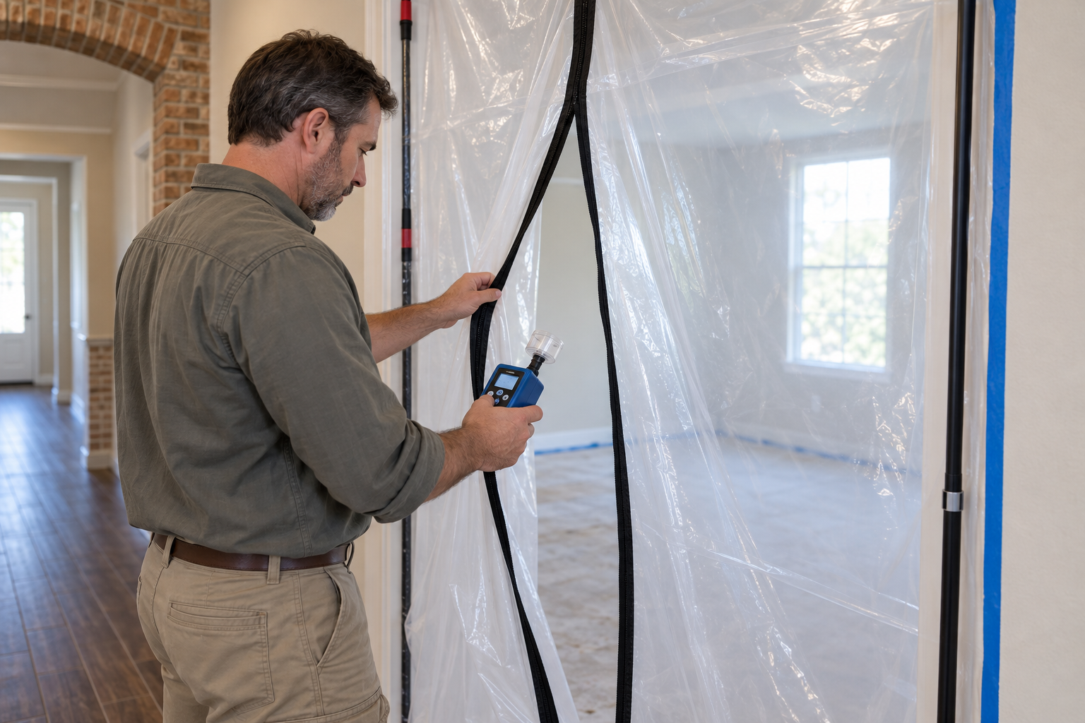 Technician checking an air sampling pump at the plastic containment doorway of a remediated room in an Allen home