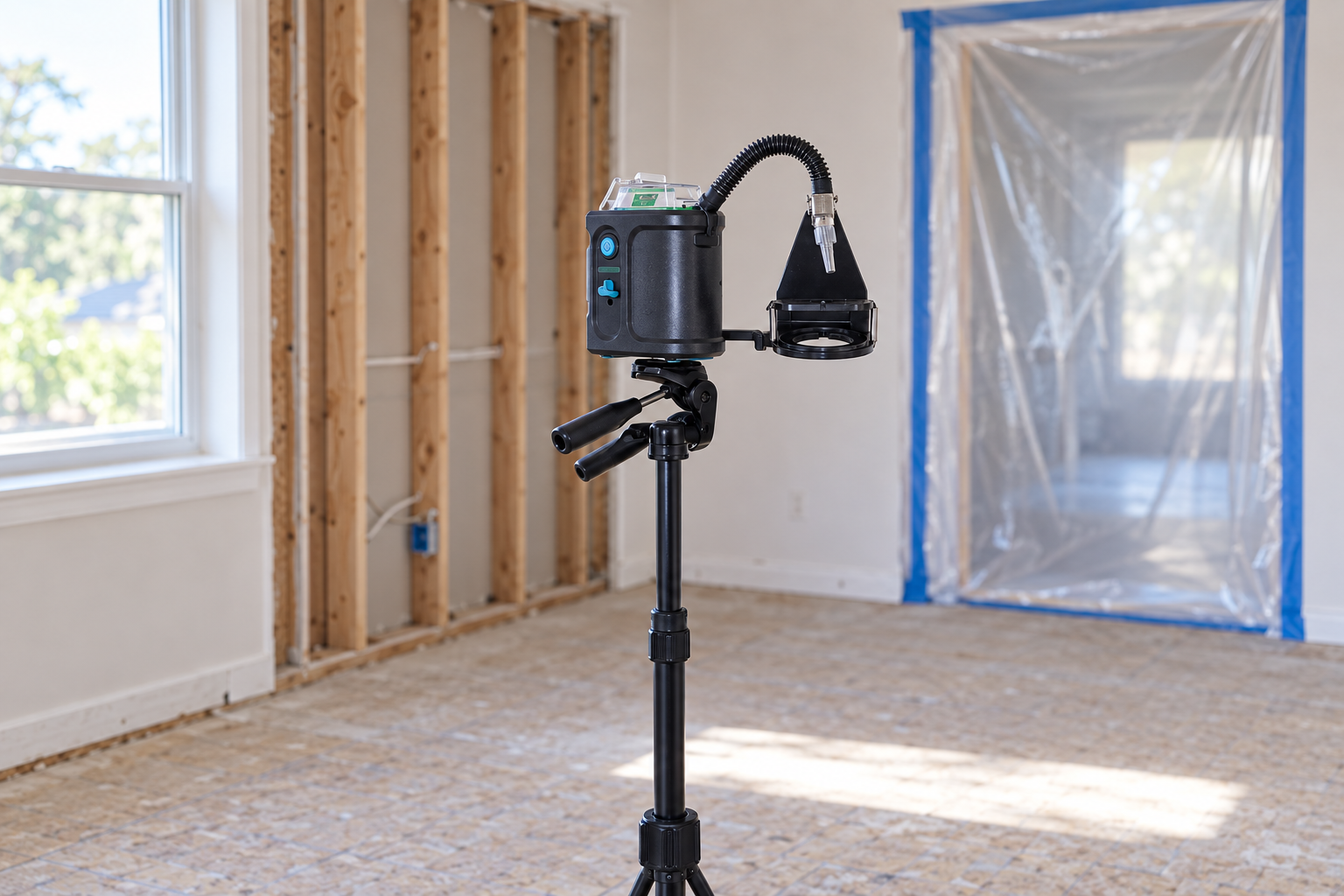 Air sampling cassette on a tripod inside a cleaned room with plastic sheeting over the doorway