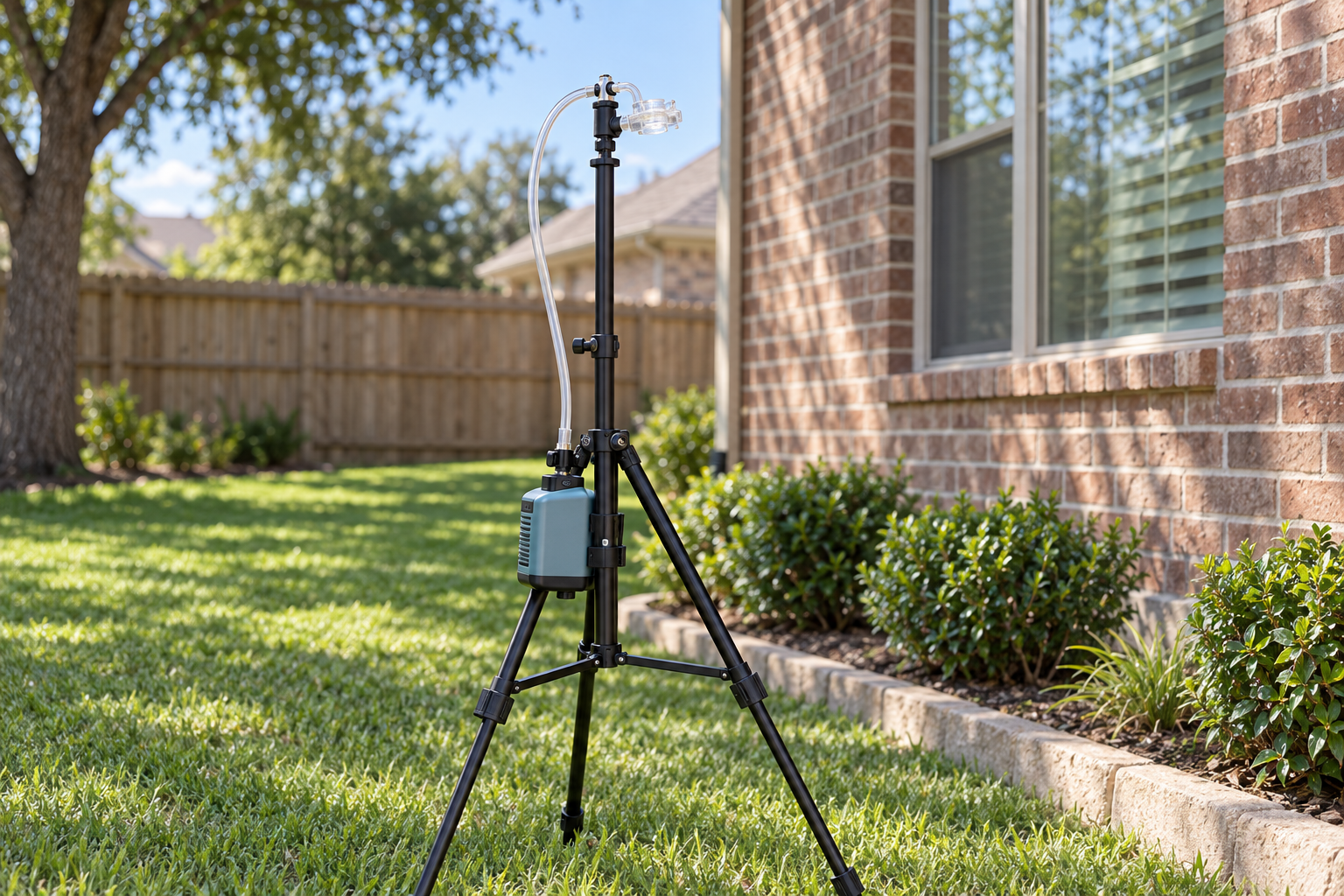 Outdoor control air sample running on a tripod in the back yard of a brick house