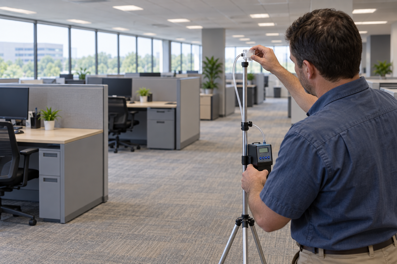 Technician setting an air sampling pump on a stand in an open-plan Allen office for a commercial mold test