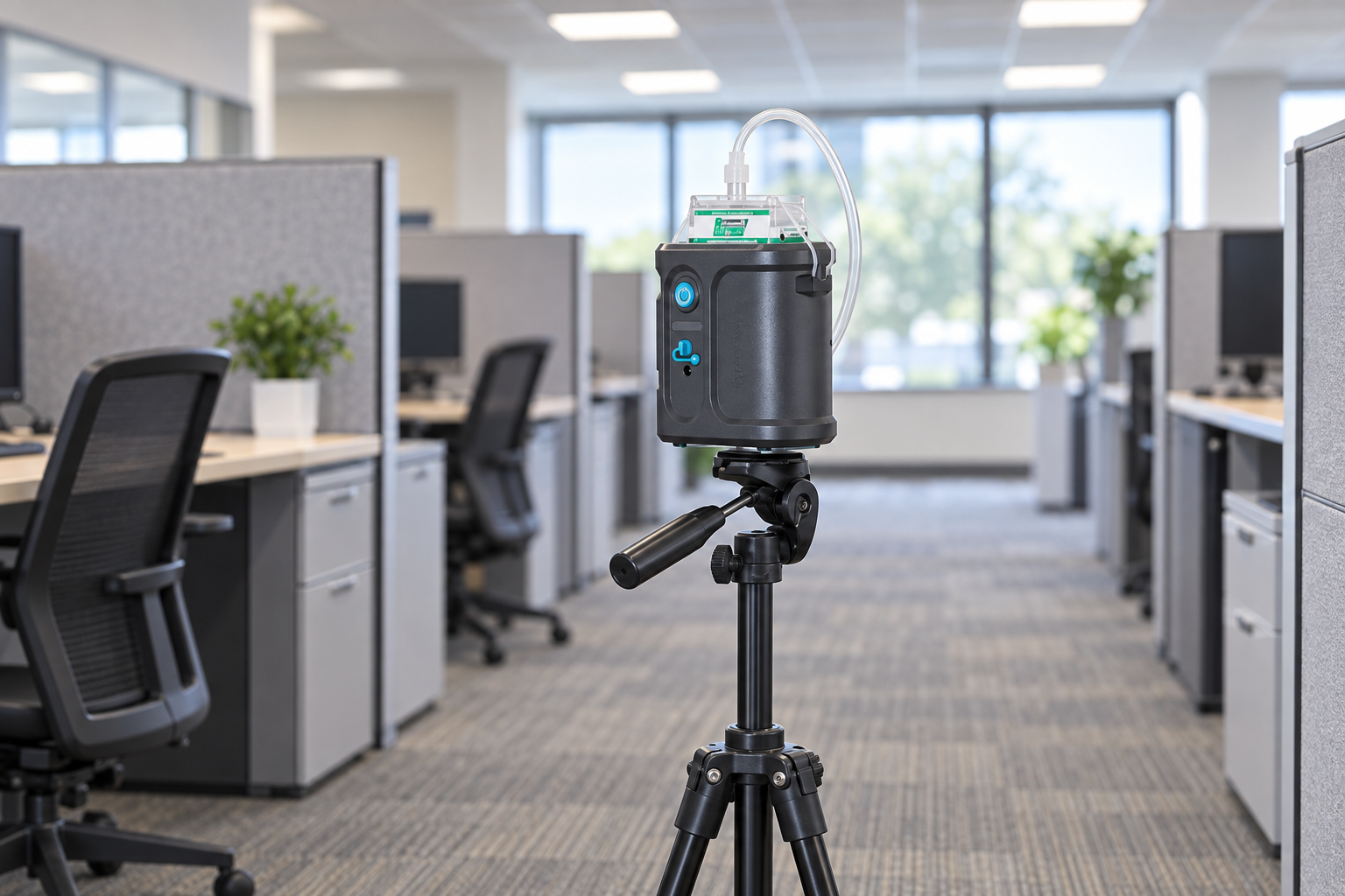 Air sampling pump and cassette on a tripod between cubicles during a commercial mold test in an Allen office