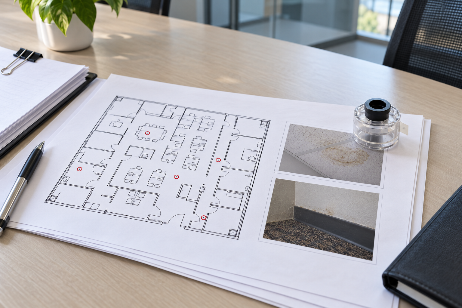 Commercial mold report open on a conference table with a floor plan marked with sample locations and photographs clipped beside it