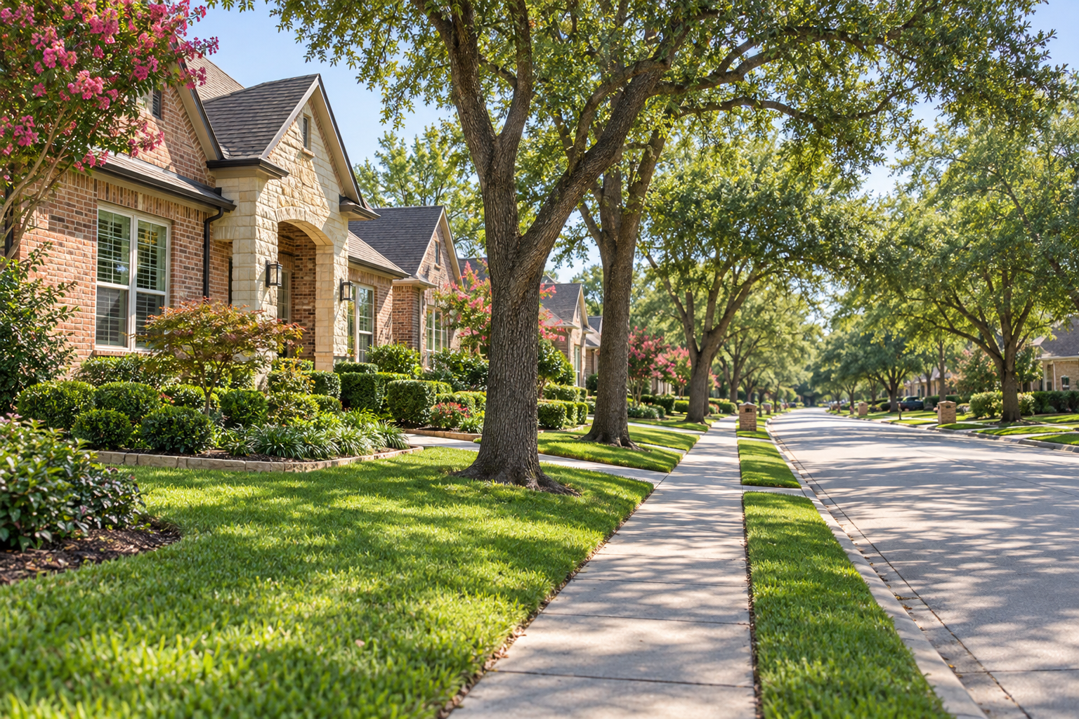 Quiet street of brick homes in one of the towns around Allen