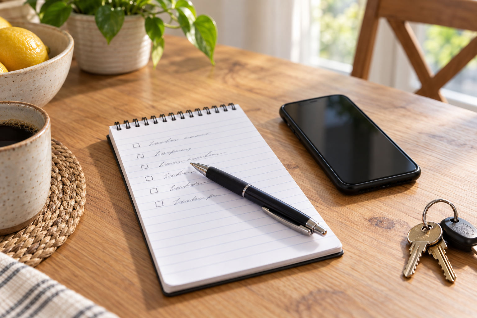 Notepad, pen, phone and house keys laid out on a kitchen table before a call