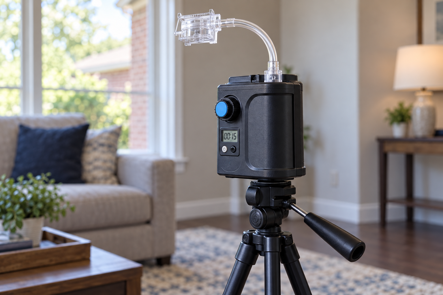 Calibrated air sampling pump drawing air through a spore trap cassette in a living room
