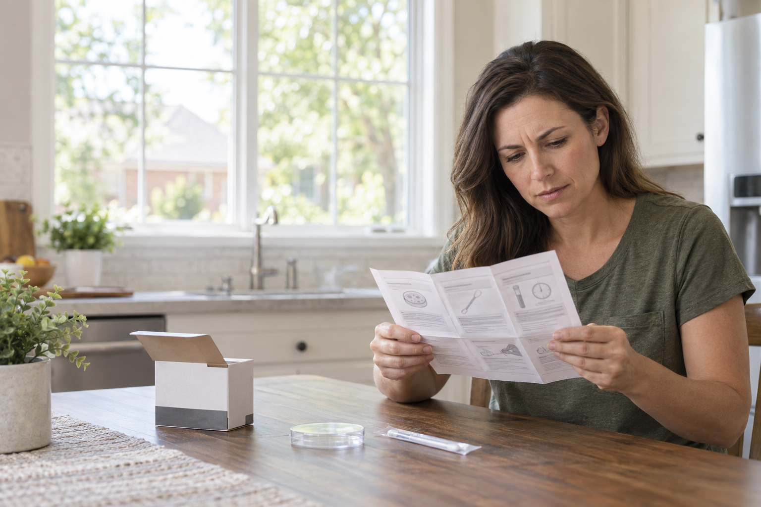 Homeowner reading the instructions of a store-bought mold test kit at a kitchen table