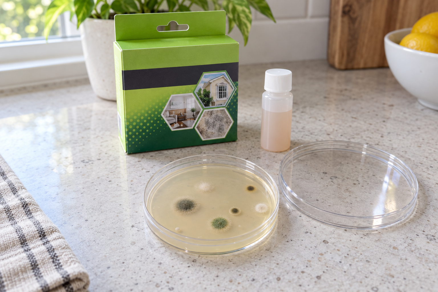 Open petri dish mold kit on a kitchen counter