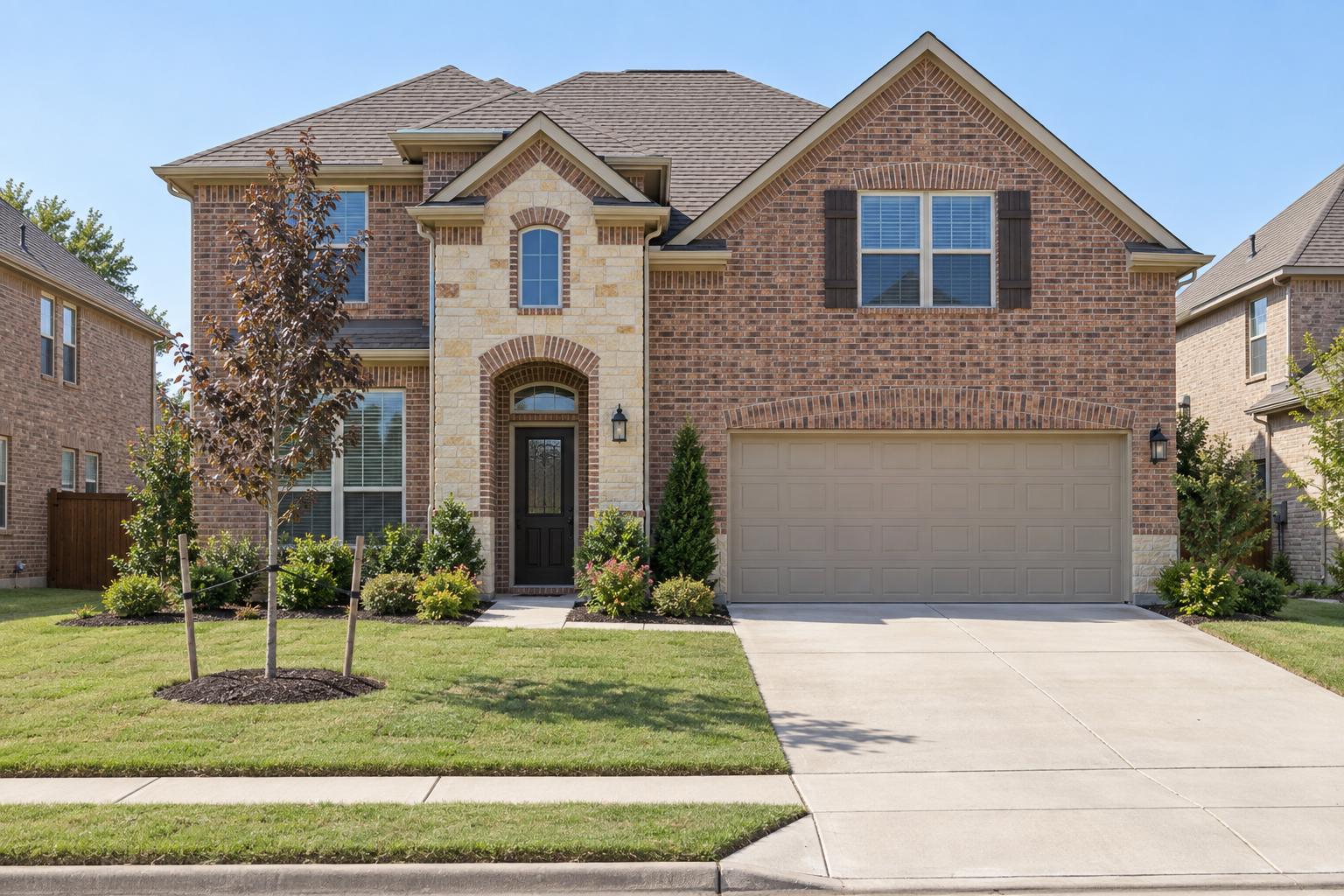 Brick house front with a young tree in Frisco