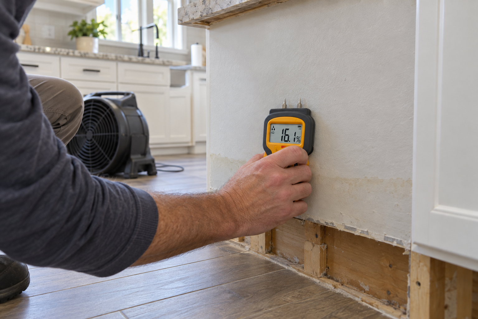 Moisture meter held against a dried-out kitchen wall in a Frisco home after a leak