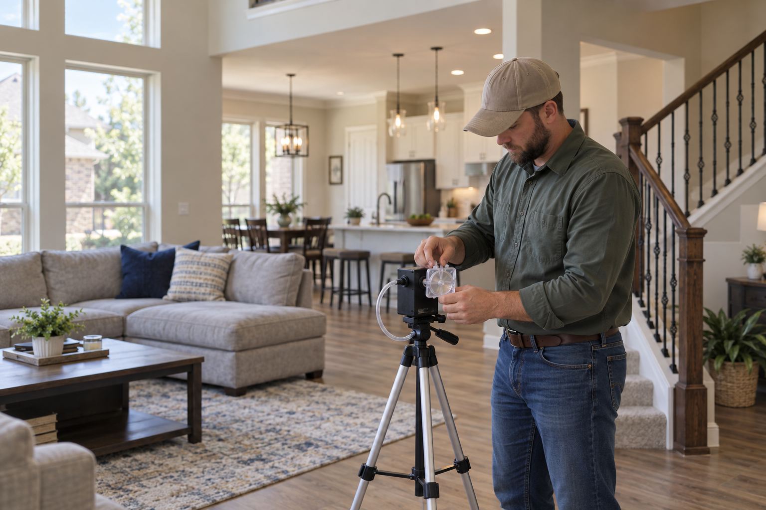Technician setting an air sampling pump on a tripod in the family room of a two-storey McKinney house