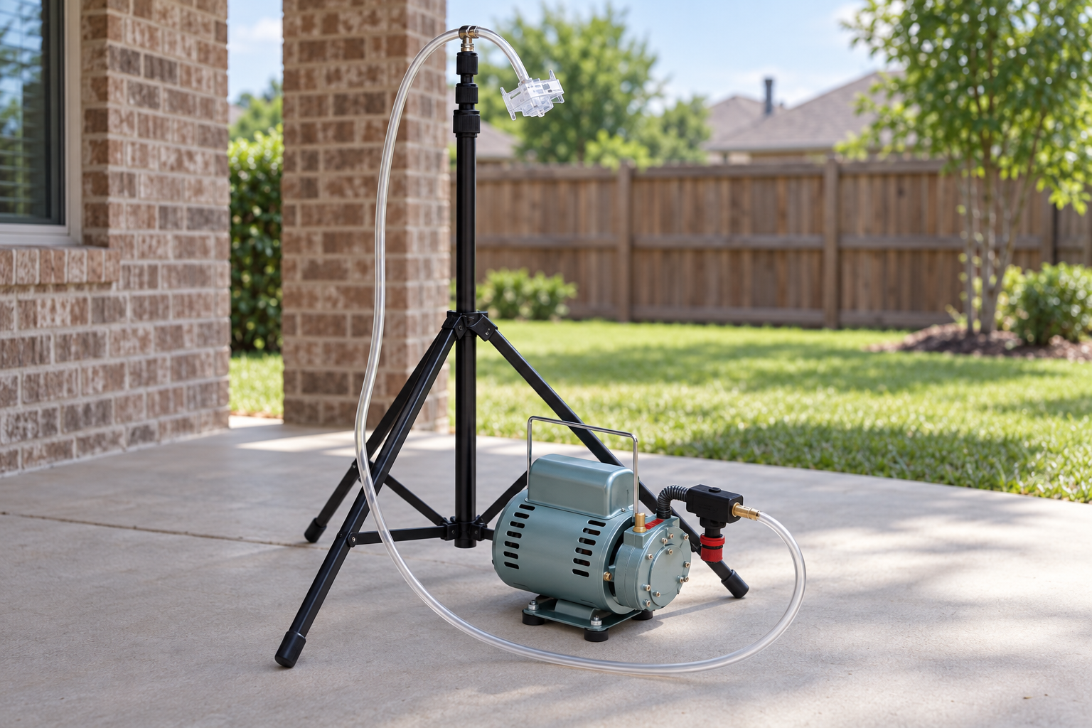 Air sampling pump on a tripod taking the outdoor control sample on a back patio