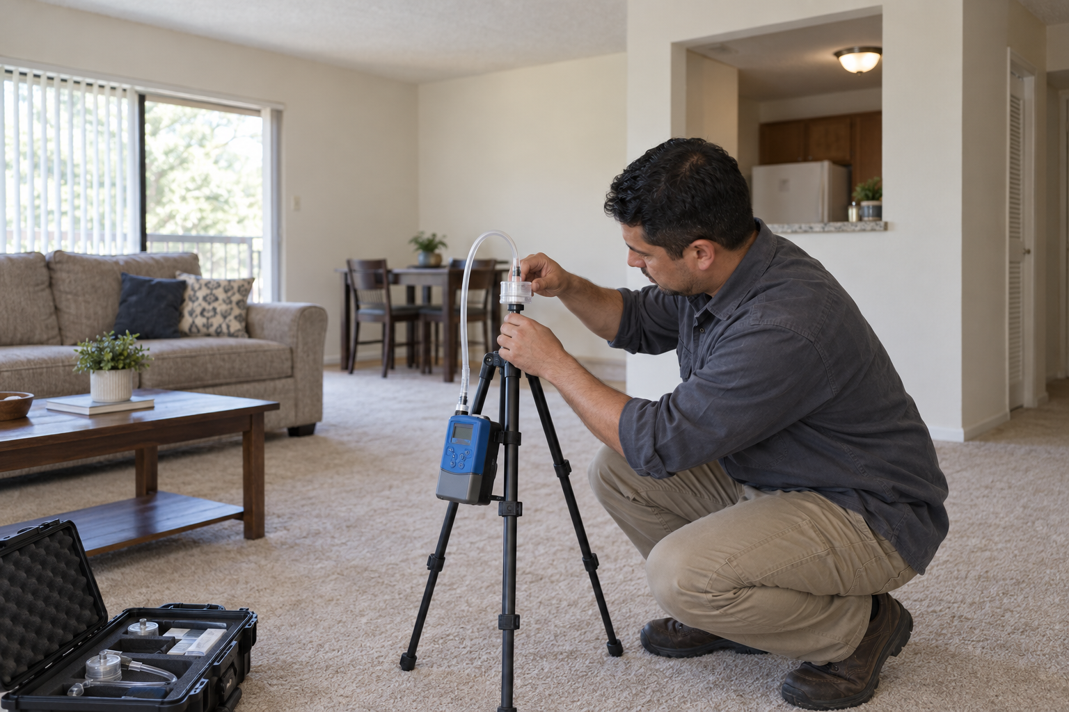 Technician running an air sampling pump in the living room of a Richardson rental unit