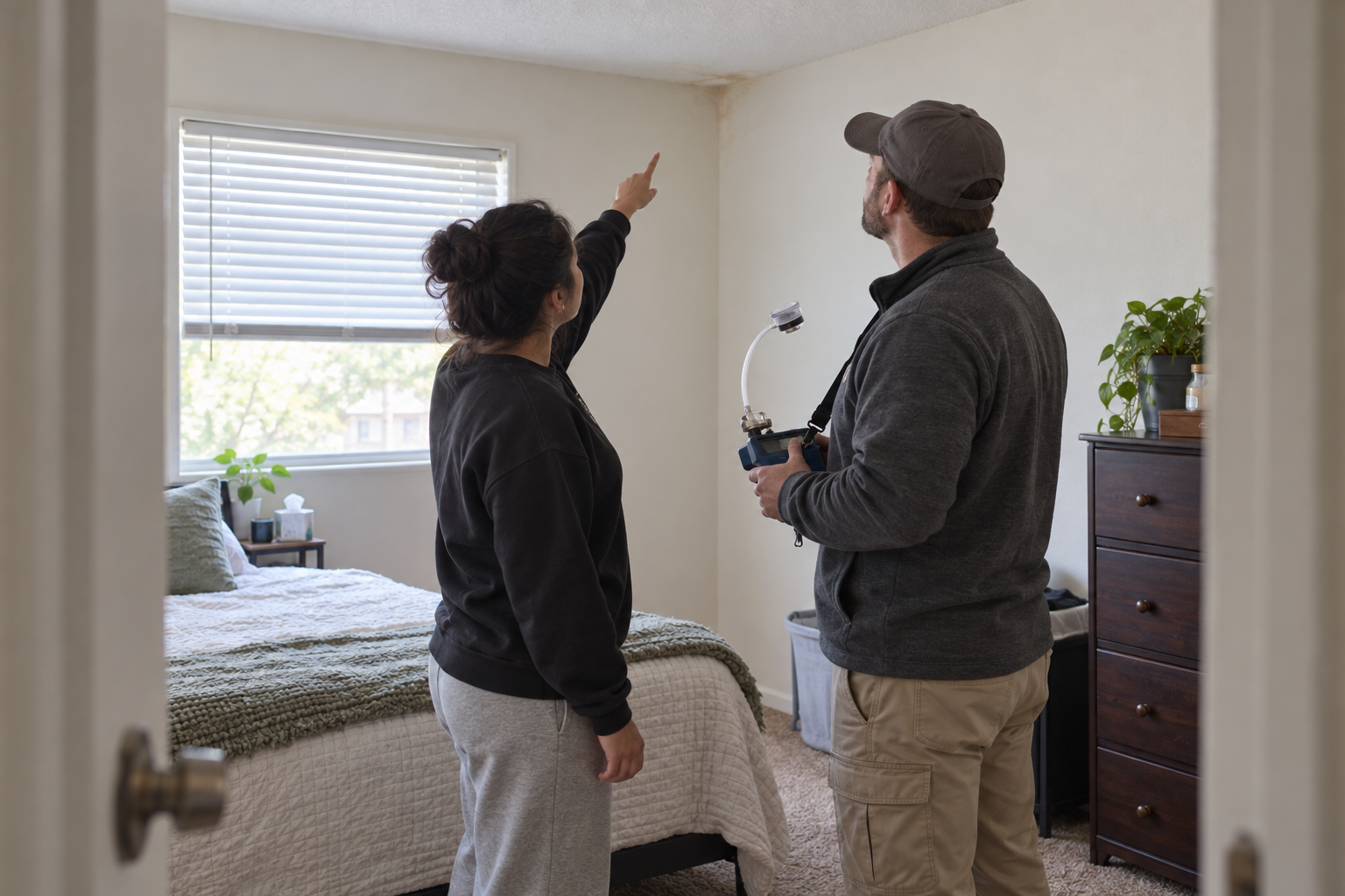 Technician with an air sampling pump listening to a tenant point out a ceiling corner in a Richardson apartment bedroom