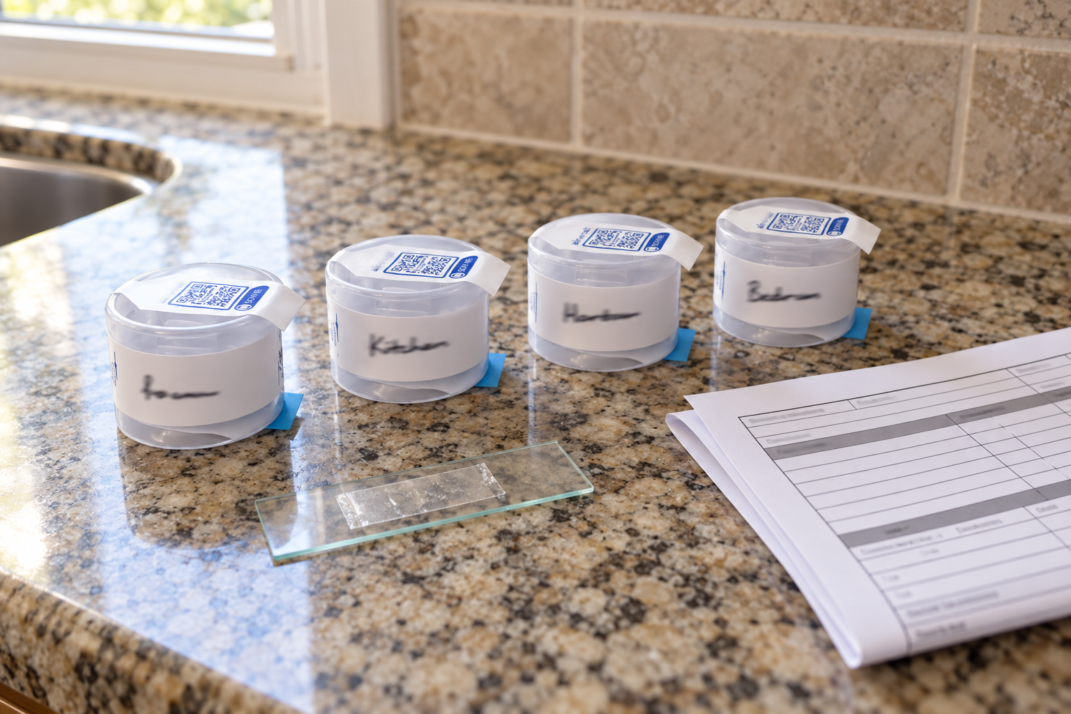 Labelled air sampling cassettes and a tape lift slide laid out on a kitchen counter before a Wylie visit