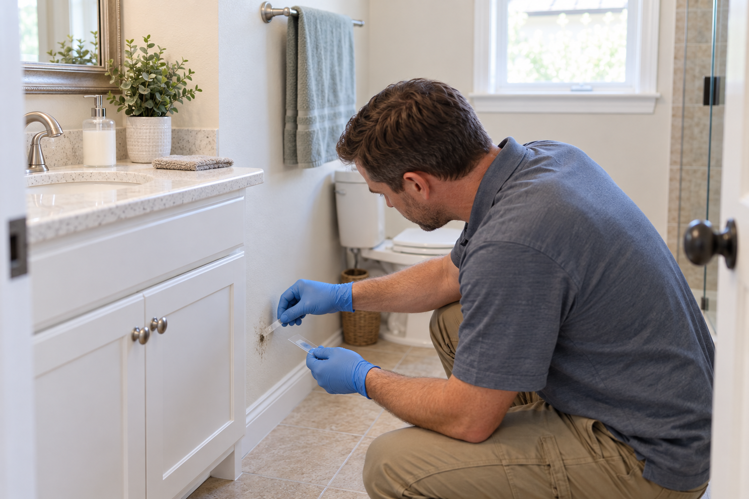 Technician pressing a clear tape lift onto a bathroom wall in a single-storey Wylie home