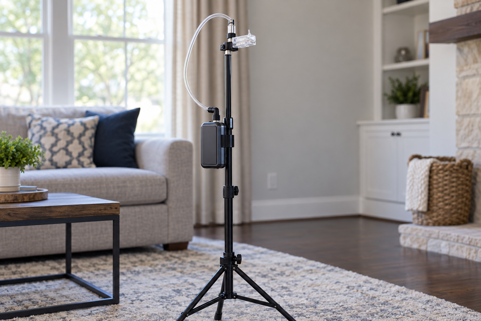 Air sampling cassette and pump on a stand in a living room