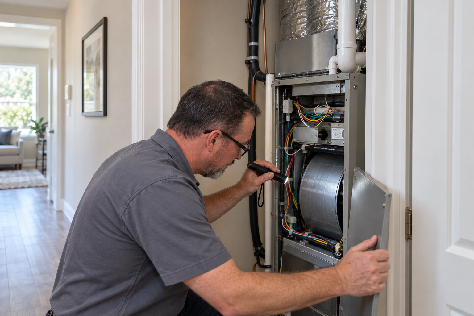 Technician opening the air handler cabinet in the utility closet of an Allen home to take a tape lift sample