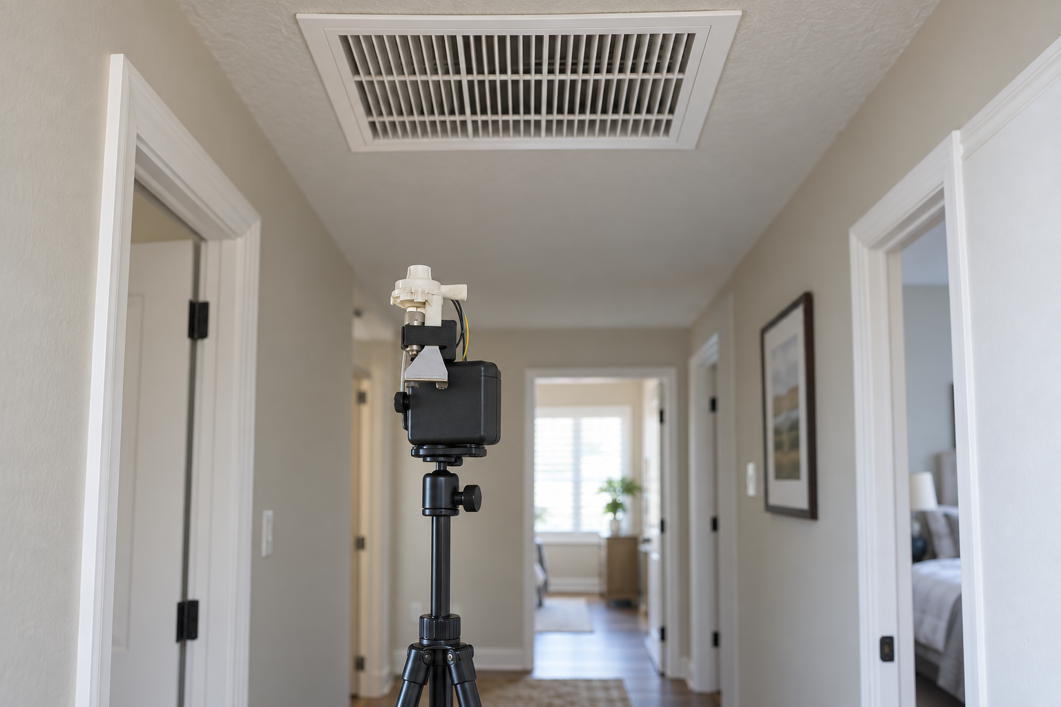 Air sampling cassette on a tripod stand below a ceiling supply register in a hallway
