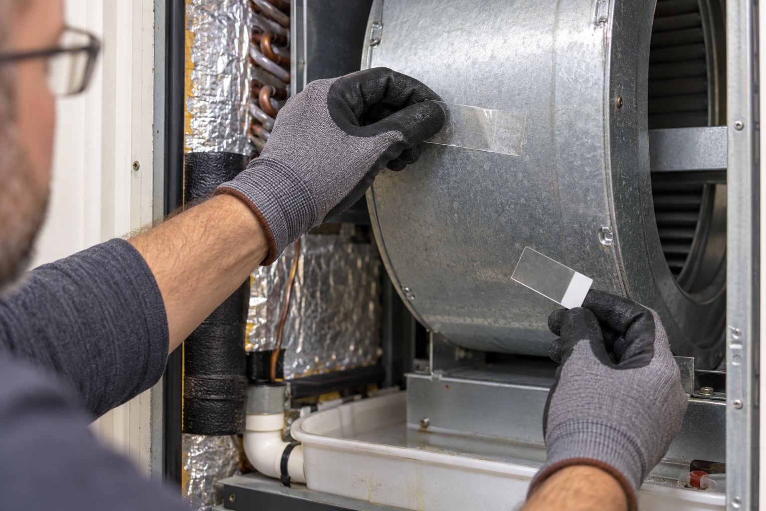 Gloved hand pressing a clear tape lift onto the blower housing inside an open air handler cabinet
