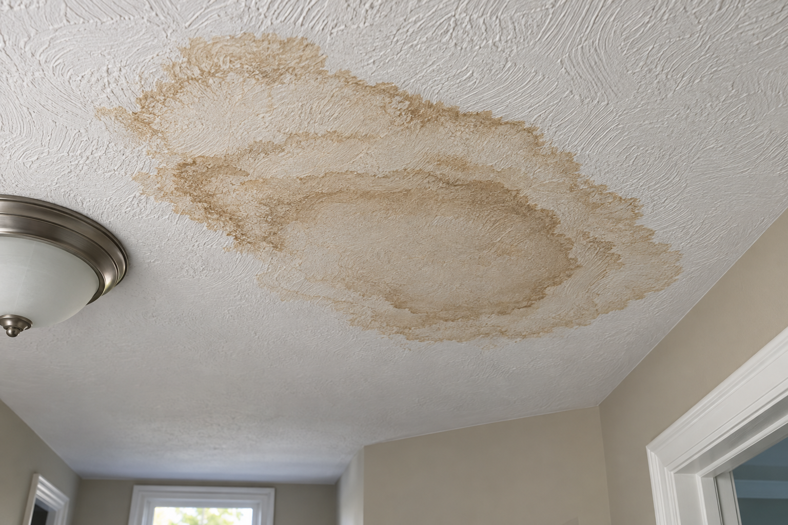 Brown water stain spreading across a ceiling below a bathroom