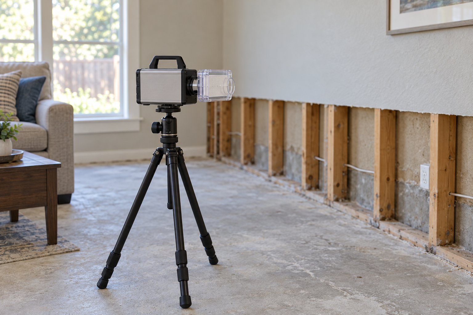 Air sampling cassette on a tripod in a dried-out living room with the lower drywall cut away