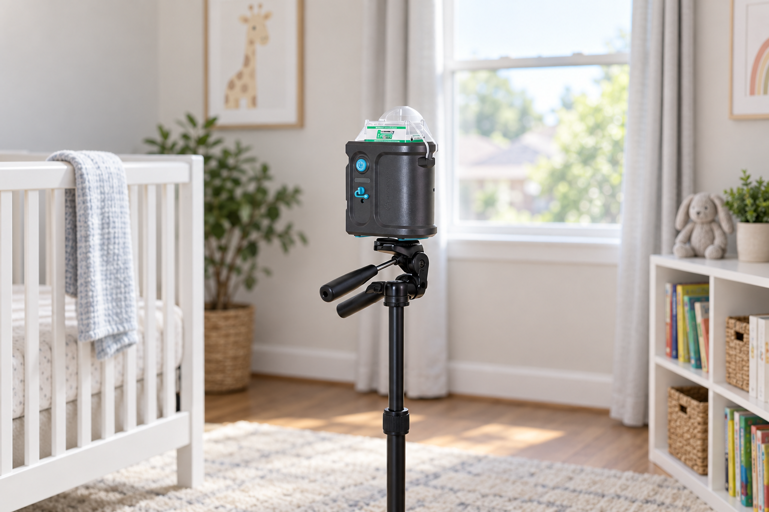 Air sampling cassette and pump on a stand in a child's bedroom