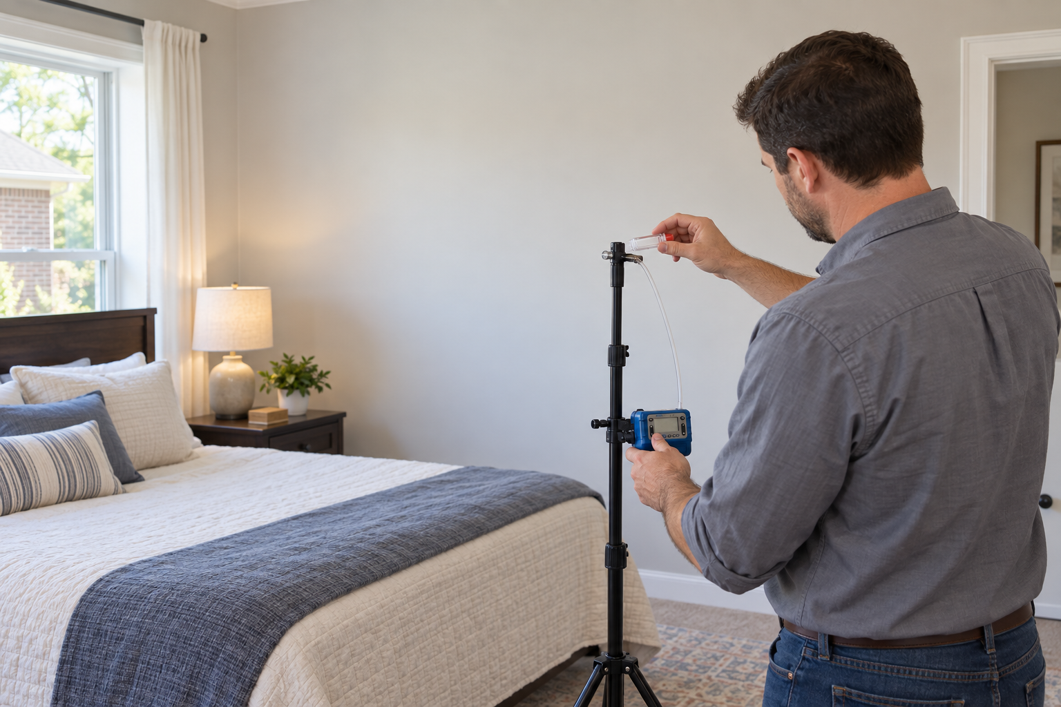 Technician setting an air sampling cassette on a stand beside a bed in an Allen bedroom