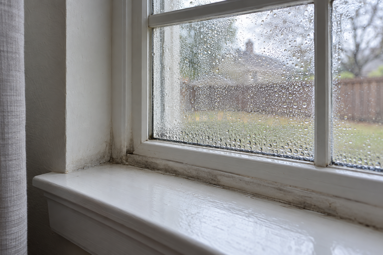 Condensation and dark staining along a window reveal