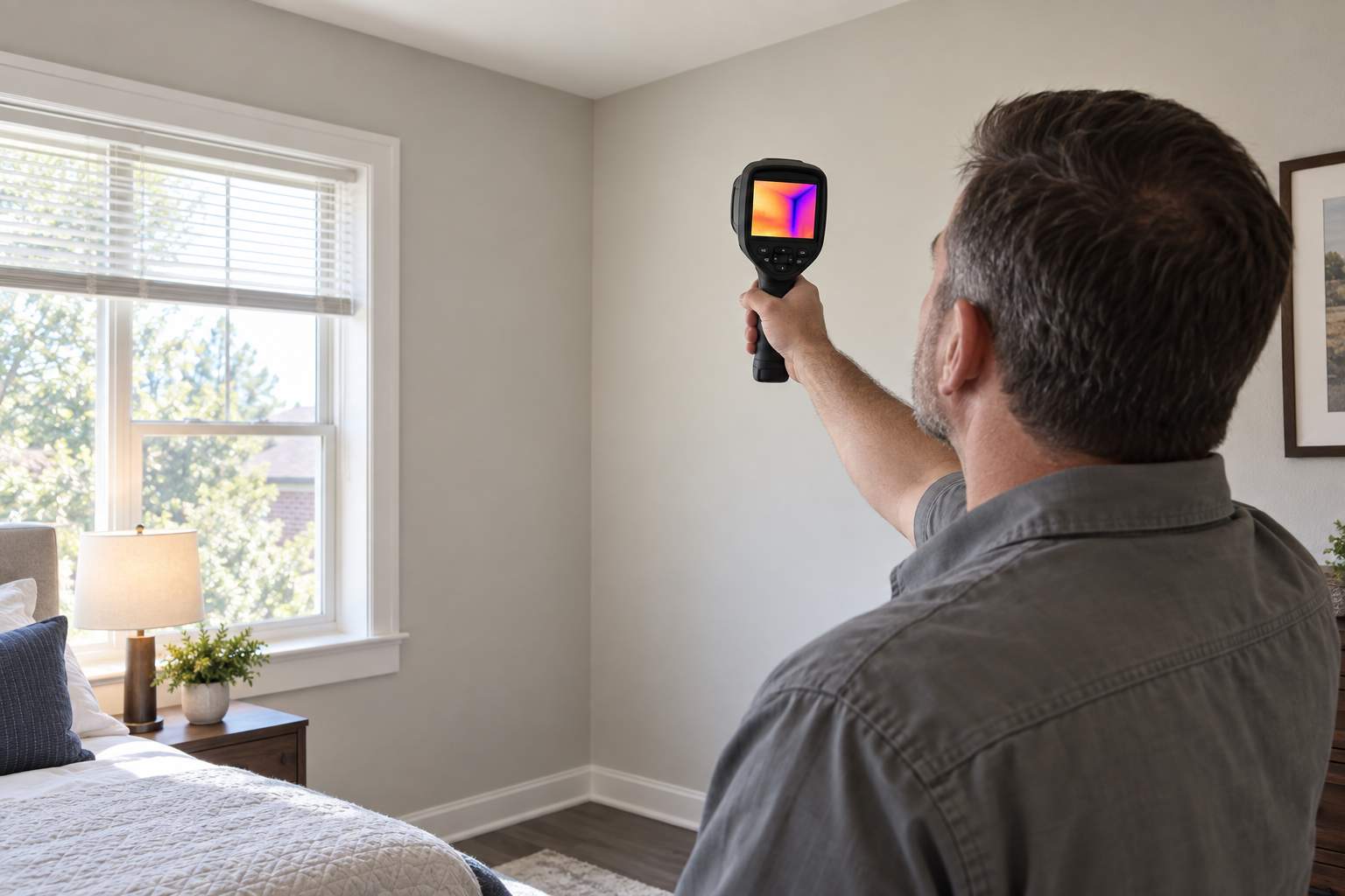 Inspector scanning a bedroom wall with a thermal imaging camera in an Allen home