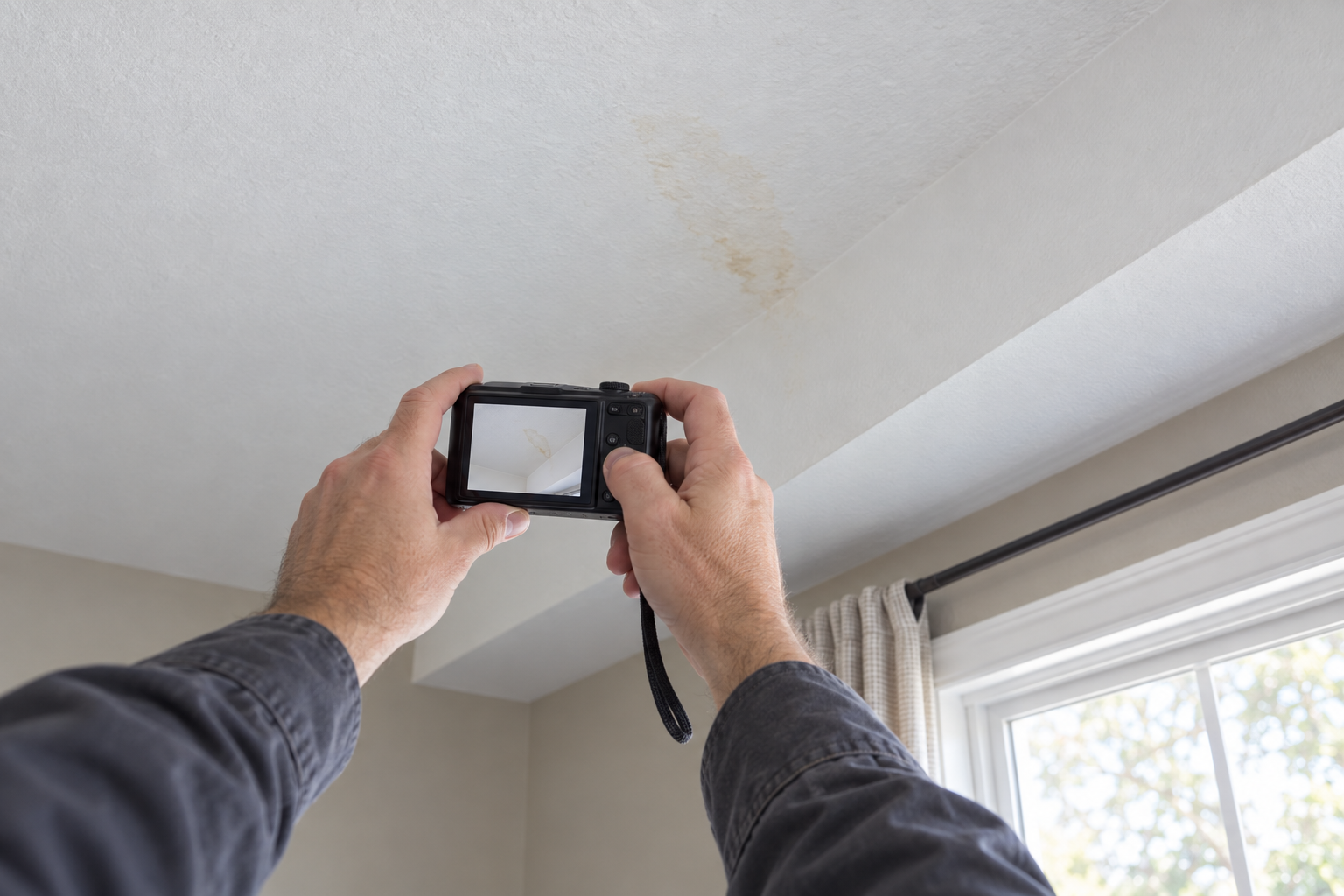 Inspector photographing a water stain on a ceiling corner for the report