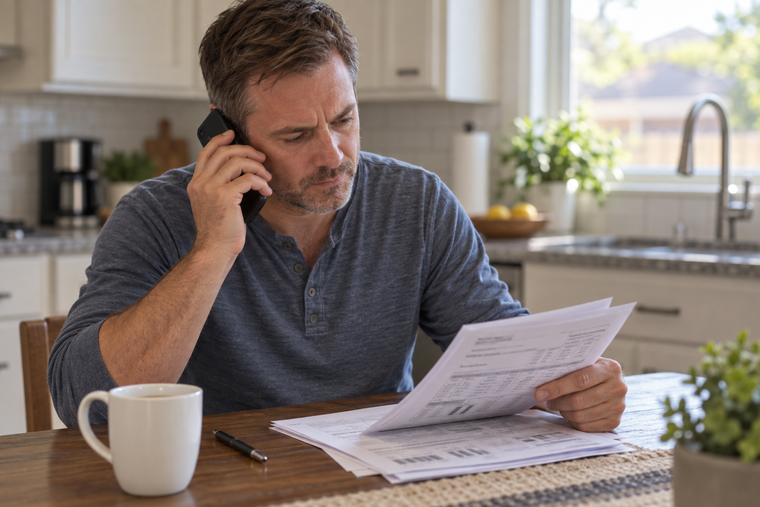 Homeowner at a kitchen table reading a printed mold lab report while on the phone