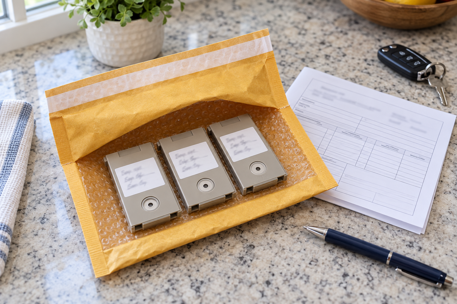 Sealed air sample cassettes and a chain-of-custody form packed in a mailer for the lab