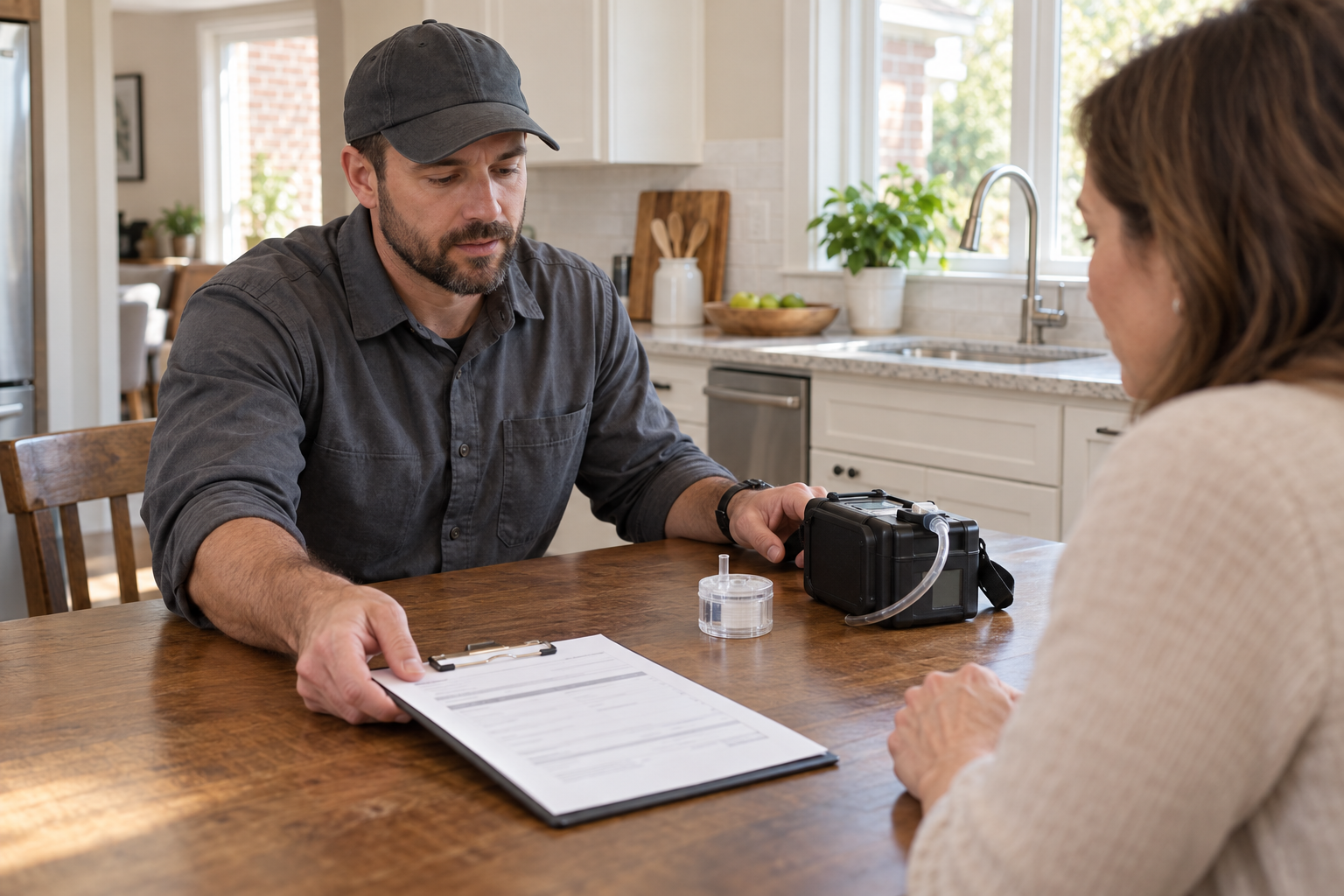 Technician handing a printed estimate on a clipboard across a kitchen table in an Allen home