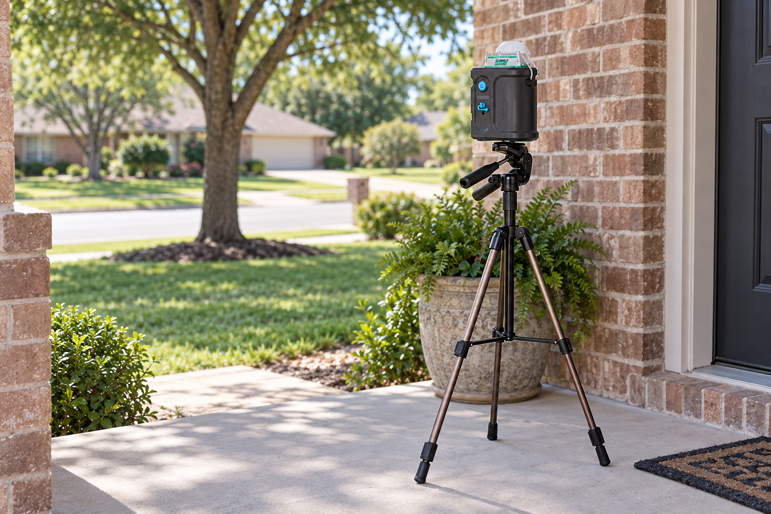 Air sampling pump on a tripod taking the outdoor control sample on a brick house's front porch
