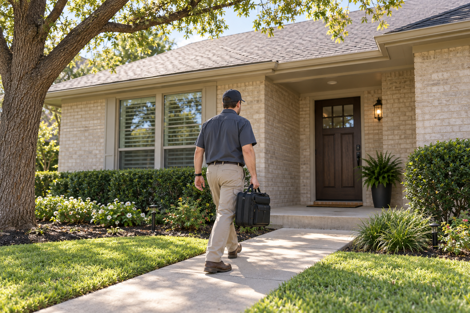 Technician carrying a sampling case up the front walk of a brick home