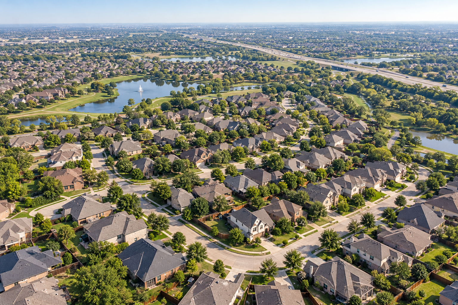 Aerial view of suburban rooftops and tree-lined streets in the towns around Allen