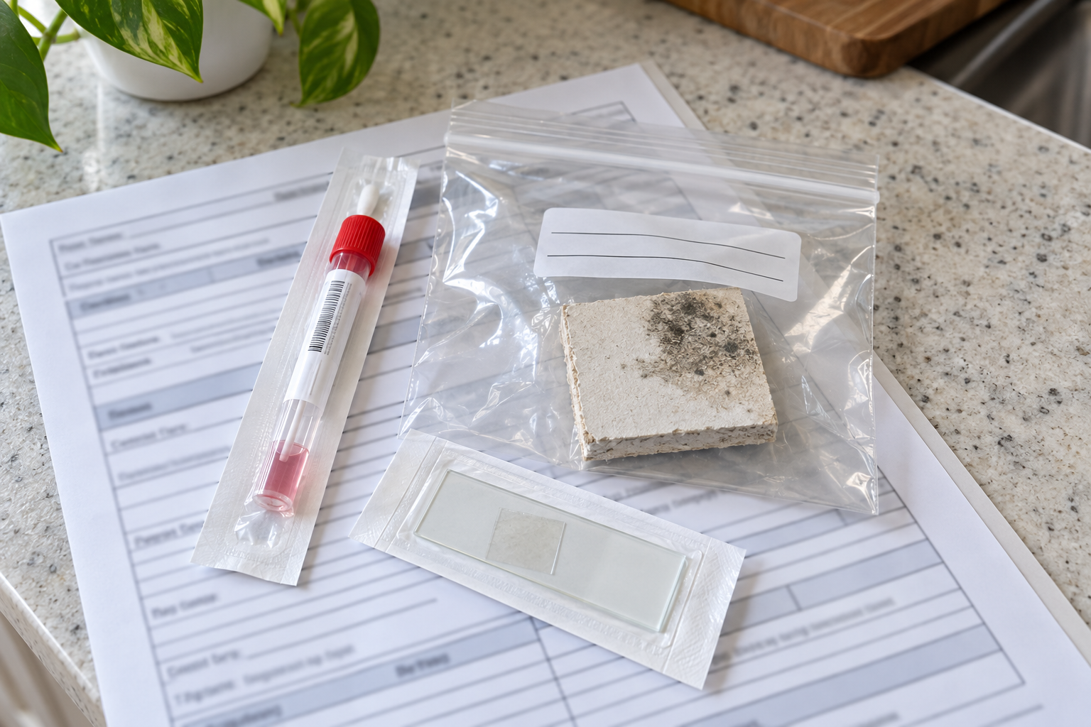 Bagged piece of stained drywall beside a sealed swab tube and a tape-lift slide on a kitchen counter