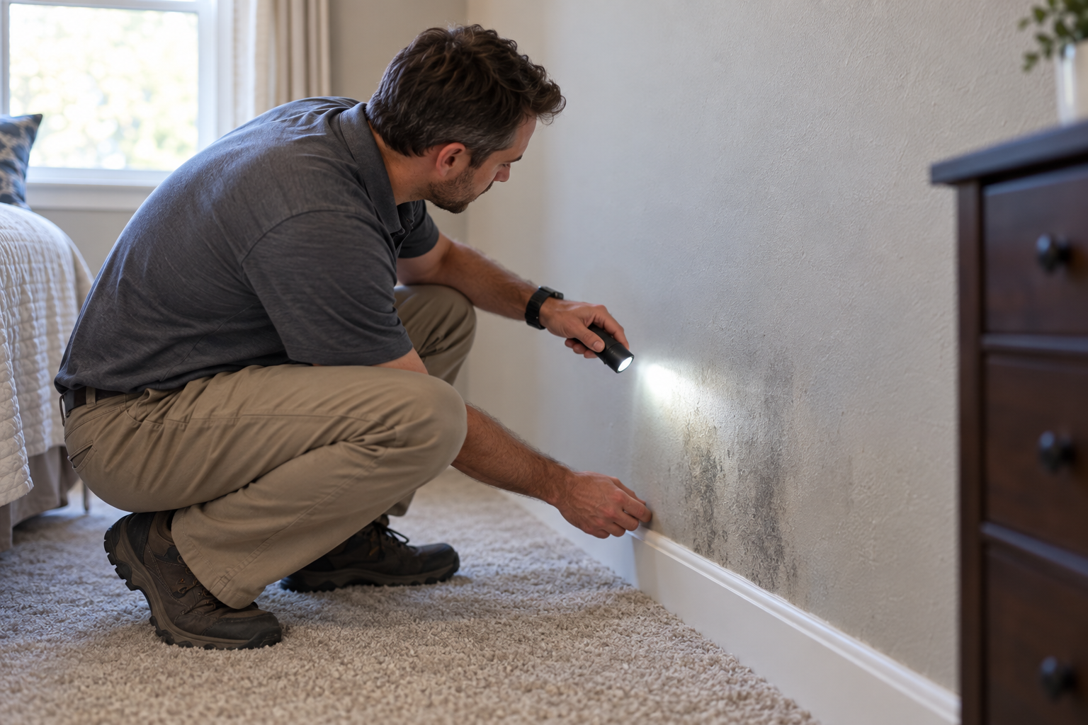 Inspector shining a flashlight on a discolored patch of drywall above a bedroom baseboard in an Allen home