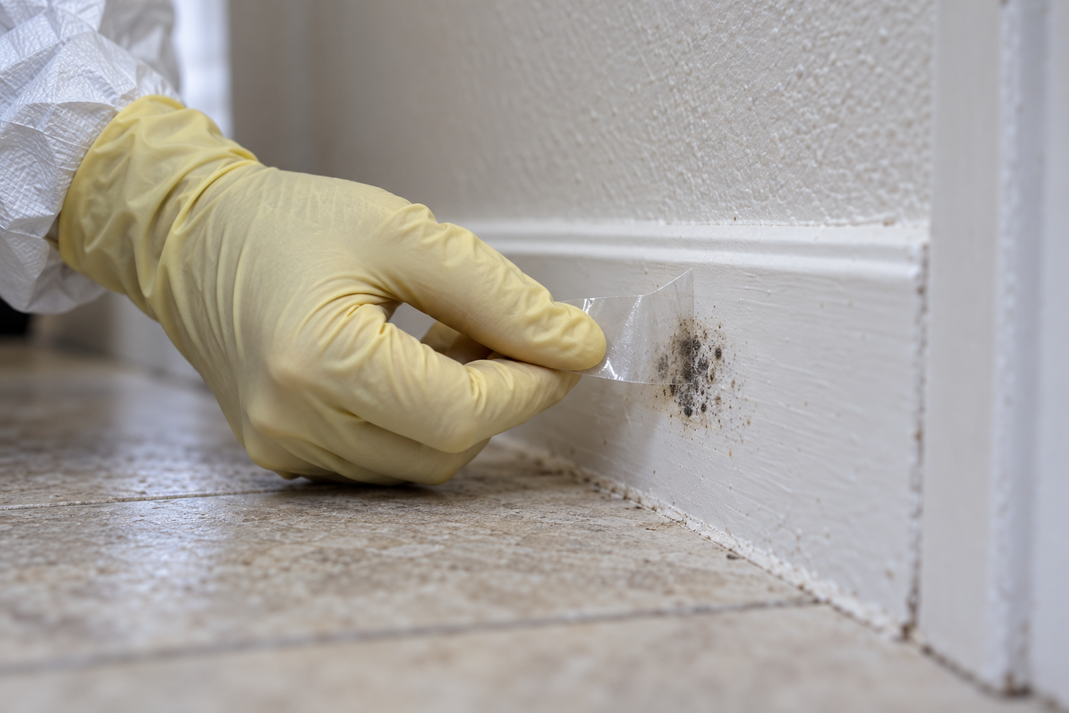 Clear tape pressed against mold growth on a baseboard