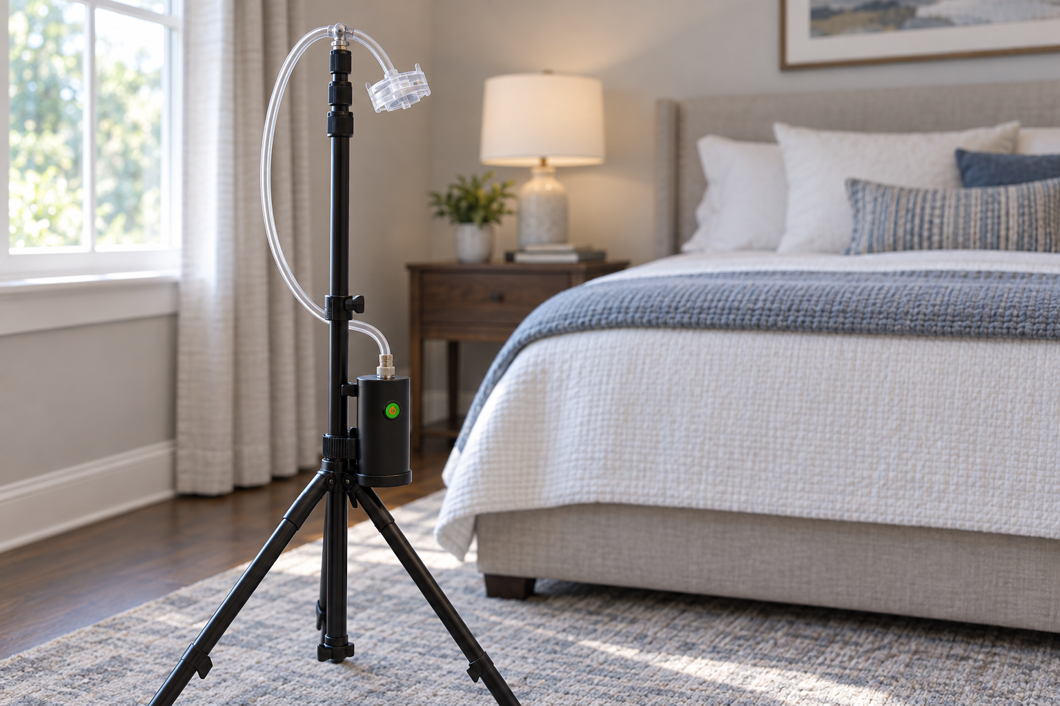 Air sampling pump and cassette on a stand beside a bed in a sunlit bedroom