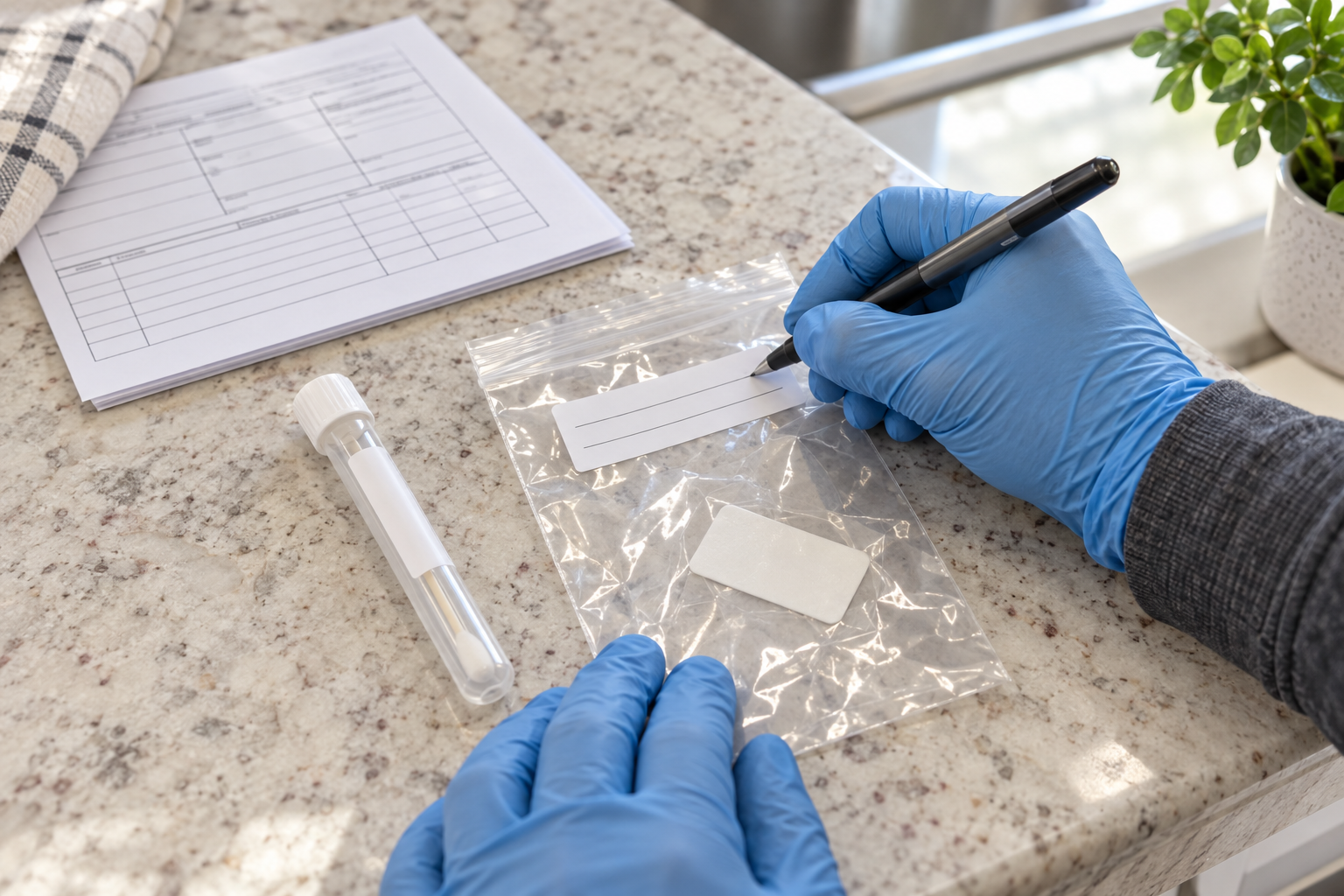Gloved hand labeling a sealed sample bag holding a tape-lift slide, with a swab tube beside it